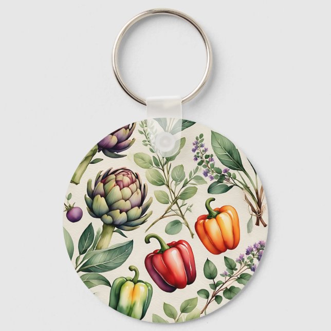 Watercolor Vegetable Garden Pattern Keychain (Front)