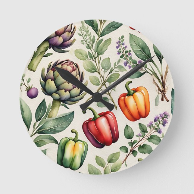 Watercolor Vegetable Garden Pattern Round Clock (Front)
