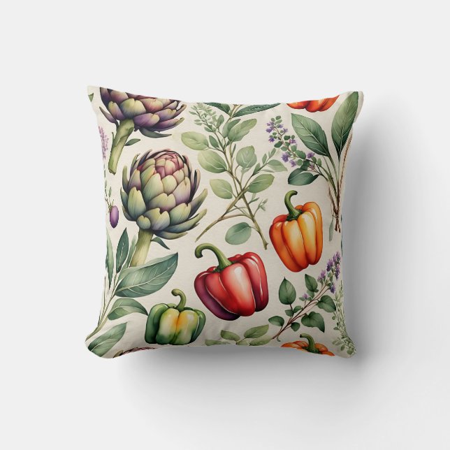 Watercolor Vegetable Garden Pattern Throw Pillow (Front)