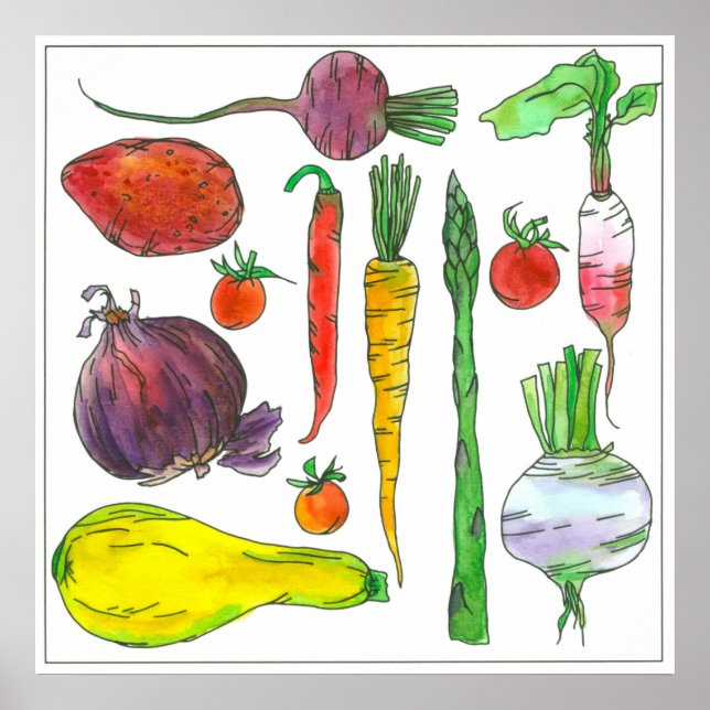 Watercolor Vegetables Carrots Beets Asparagus Poster (Front)