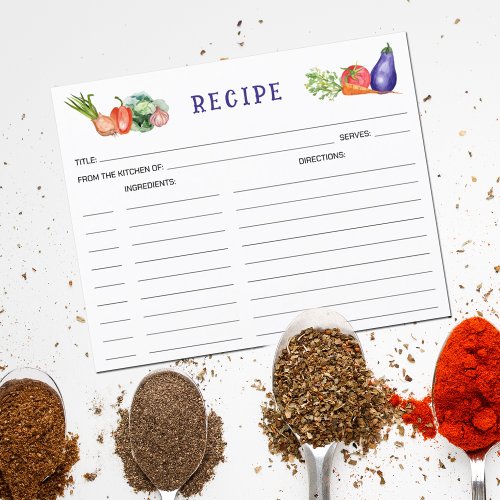 Watercolor Vegetables Culinary Recipe Card