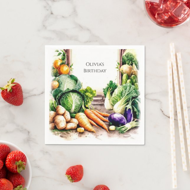 Watercolor Vegetables Farmers Market Birthday Napkins (Insitu)