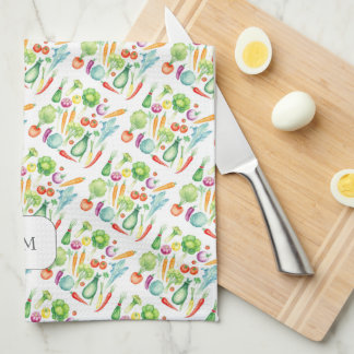Watercolor vegetables pattern monogrammed kitchen towel