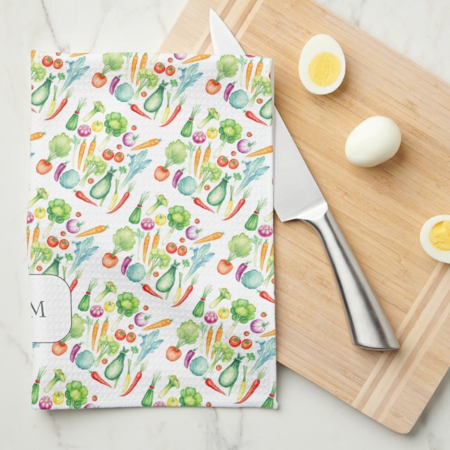 Watercolor vegetables pattern monogrammed kitchen towel (Quarter Fold)