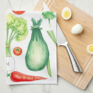 Watercolor vegetables pattern monogrammed kitchen towel