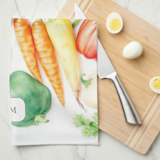 Watercolor vegetables pattern monogrammed kitchen towel