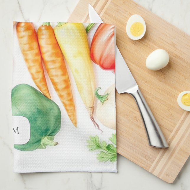 Watercolor vegetables pattern monogrammed kitchen towel (Quarter Fold)