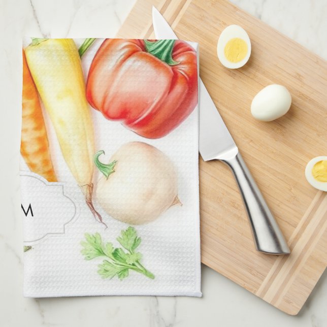 Watercolor vegetables pattern monogrammed kitchen towel (Quarter Fold)