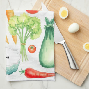 Watercolor vegetables pattern monogrammed kitchen towel
