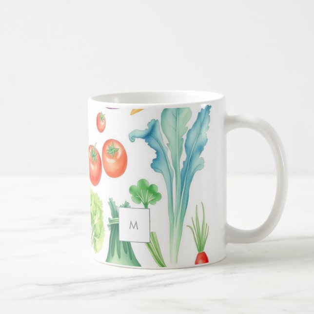 Watercolor vegetables veggie pattern monogrammed coffee mug (Right)
