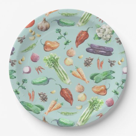 Watercolor Veggies & Spices Pattern Paper Plates