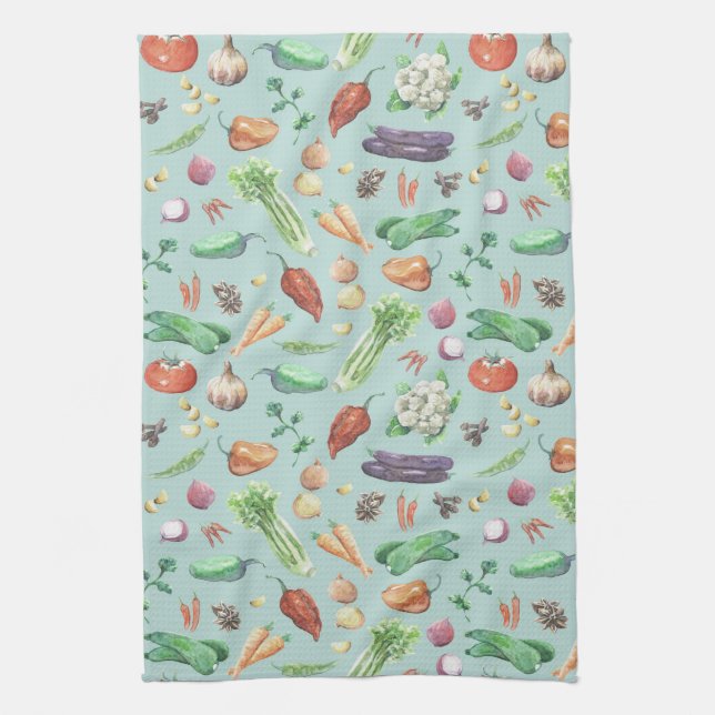 Watercolor Veggies & Spices Pattern Towel (Vertical)