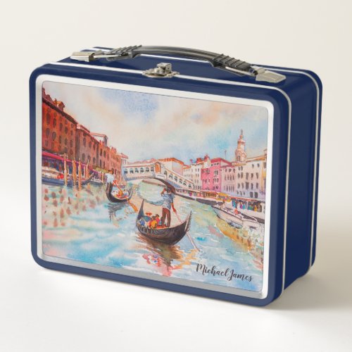 Watercolor Venice Canal Gondola Personalized Name Metal Lunch Box