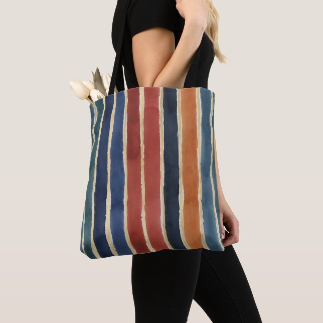 Watercolor Vertical Stripes Brick Rust Teal Navy  Tote Bag (Close Up)