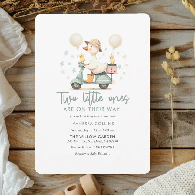 Watercolor Vespa Goose Twin Baby Shower Invitation | Zazzle