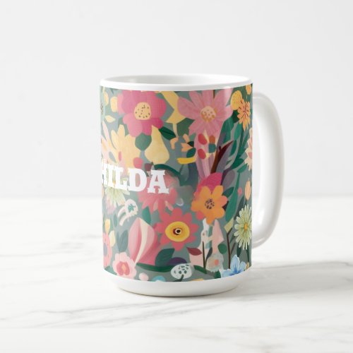 Watercolor vibrant Flower garden Green and peach Coffee Mug