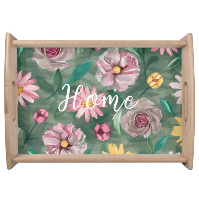 watercolor vibrant green pink rose flowers serving tray (Front)