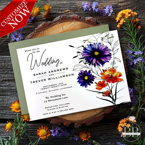 Watercolor Vibrant Orange and Purple Wildflowers  Invitation