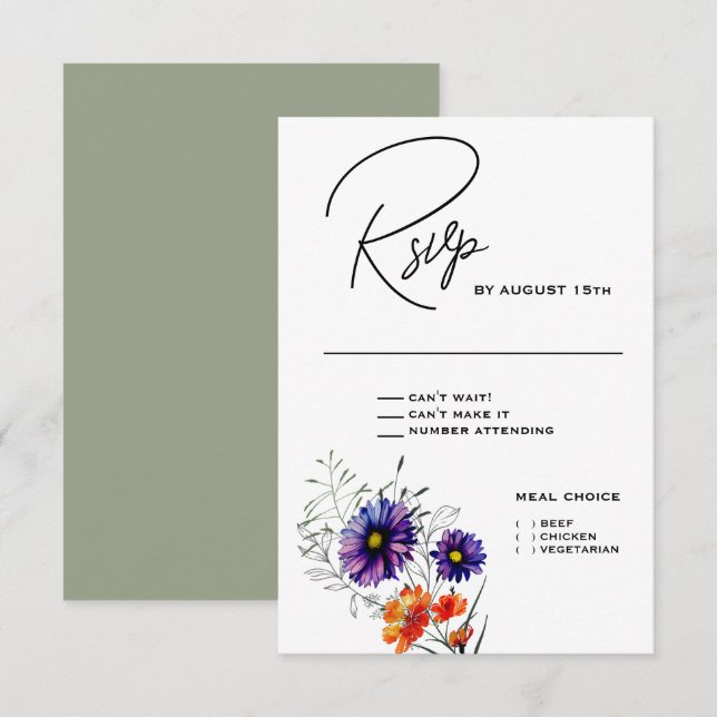 Watercolor Vibrant Orange and Purple Wildflowers  RSVP Card (Front/Back)