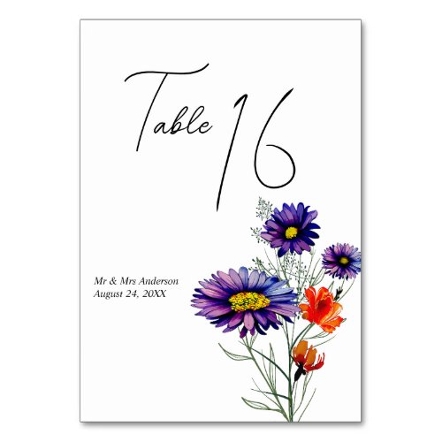 Watercolor Vibrant Orange and Purple Wildflowers  Table Number