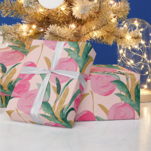Watercolor Vibrant Painted Pink Spring Flowers Wrapping Paper