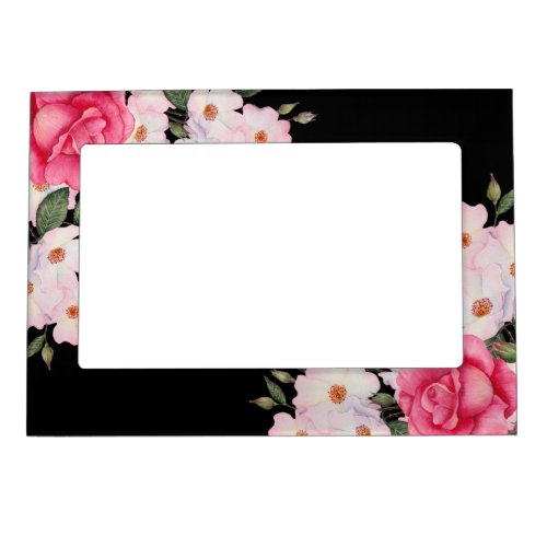 Watercolor Vibrant Pink White Roses Modern Black Magnetic Frame