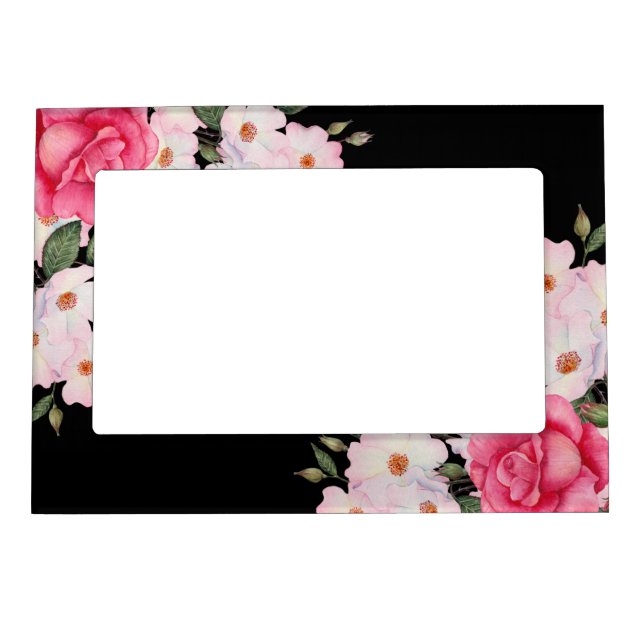 Watercolor Vibrant Pink White Roses Modern Black Magnetic Frame (Front)