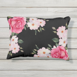 Watercolor Vibrant Pink White Roses Modern Black Outdoor Pillow