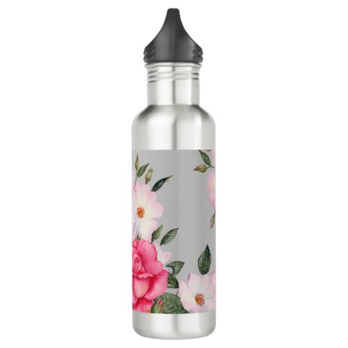 Watercolor Vibrant Pink White Roses Modern Gray Stainless Steel Water Bottle