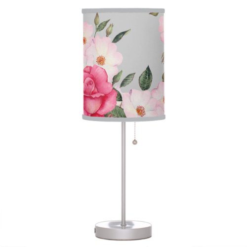 Watercolor Vibrant Pink White Roses Modern Gray Table Lamp
