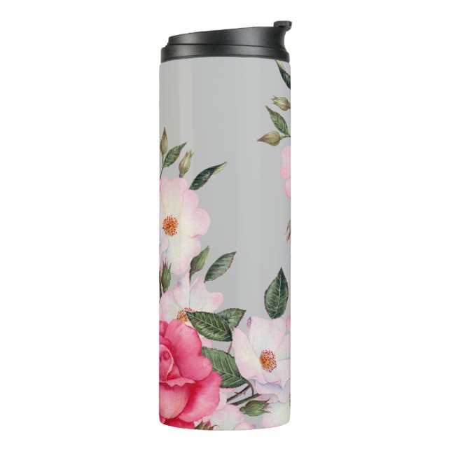 Watercolor Vibrant Pink White Roses Modern Gray Thermal Tumbler (Rotated Left)