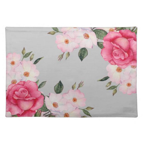 Watercolor Vibrant Pink White Roses Plain Gray Cloth Placemat