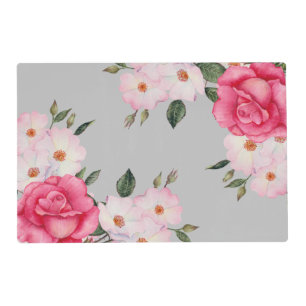 Watercolor Vibrant Pink White Roses Plain Gray Placemat