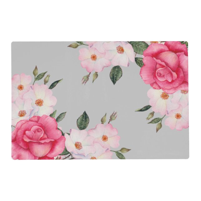 Watercolor Vibrant Pink White Roses Plain Gray Placemat (Front)