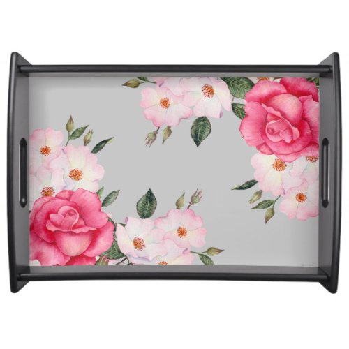 Watercolor Vibrant Pink White Roses Plain Gray Serving Tray