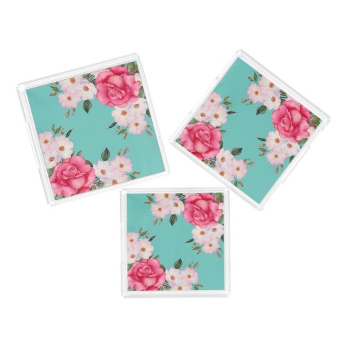 Watercolor Vibrant Pink White Roses Turquoise Back Acrylic Tray