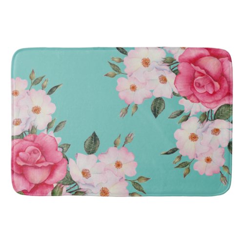 Watercolor Vibrant Pink White Roses Turquoise Back Bath Mat
