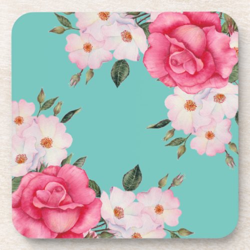 Watercolor Vibrant Pink White Roses Turquoise Back Beverage Coaster