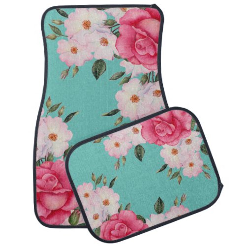 Watercolor Vibrant Pink White Roses Turquoise Back Car Floor Mat