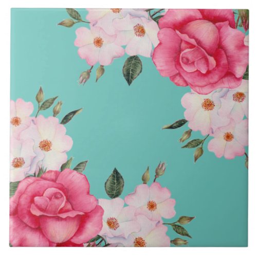 Watercolor Vibrant Pink White Roses Turquoise Back Ceramic Tile