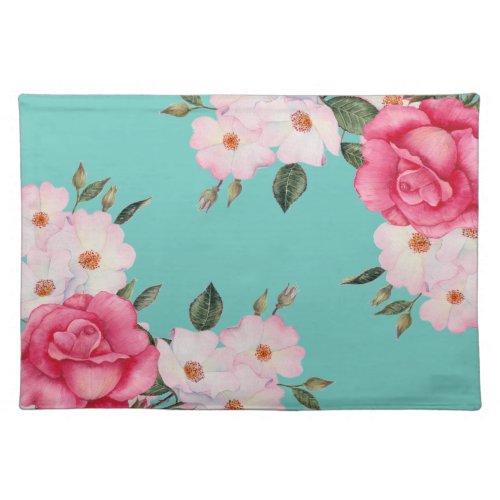 Watercolor Vibrant Pink White Roses Turquoise Back Cloth Placemat