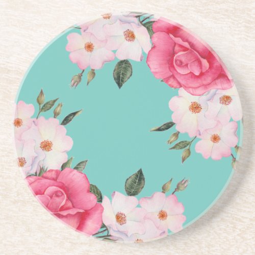 Watercolor Vibrant Pink White Roses Turquoise Back Coaster