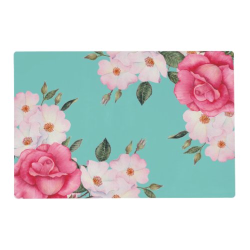 Watercolor Vibrant Pink White Roses Turquoise Back Placemat