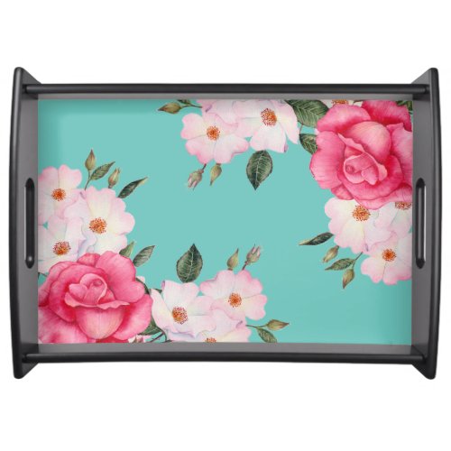 Watercolor Vibrant Pink White Roses Turquoise Back Serving Tray