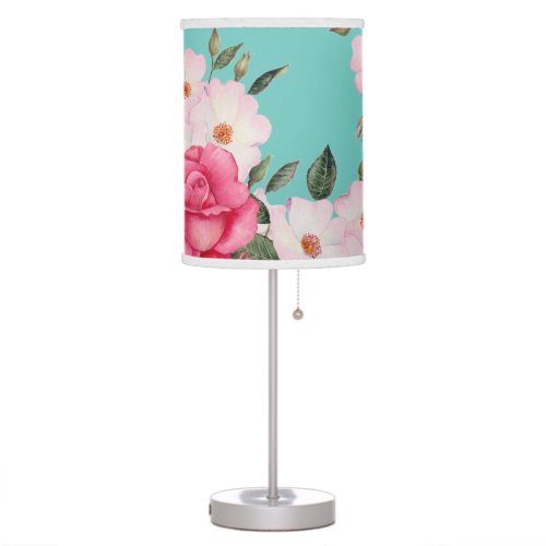 Watercolor Vibrant Pink White Roses Turquoise Back Table Lamp