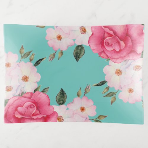 Watercolor Vibrant Pink White Roses Turquoise Back Trinket Tray