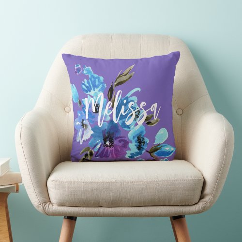 Watercolor Vibrant Purple Blue Flower Throw Pillow