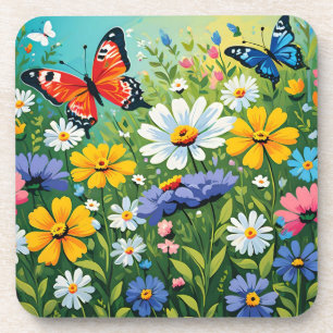 Watercolor Vibrant Spring Flowers Pattern Beverage Coaster