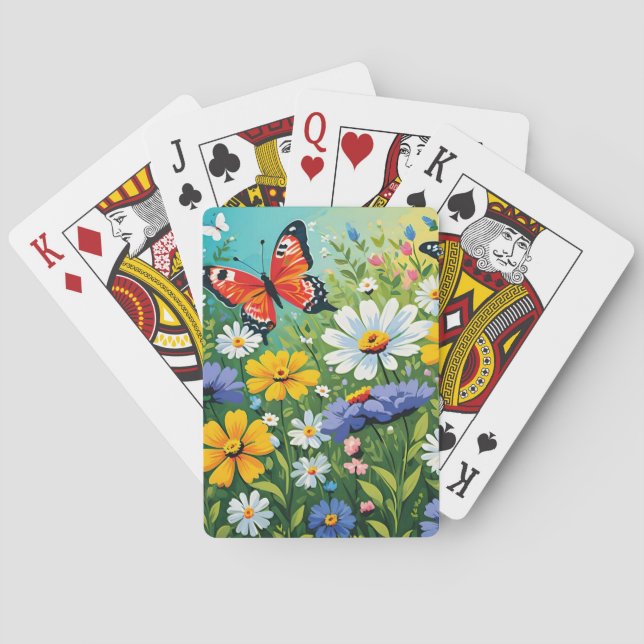 Watercolor Vibrant Spring Flowers Pattern Poker Cards (Back)