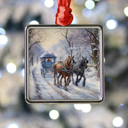 Watercolor Victorian Christmas Carriage Ride Metal Ornament